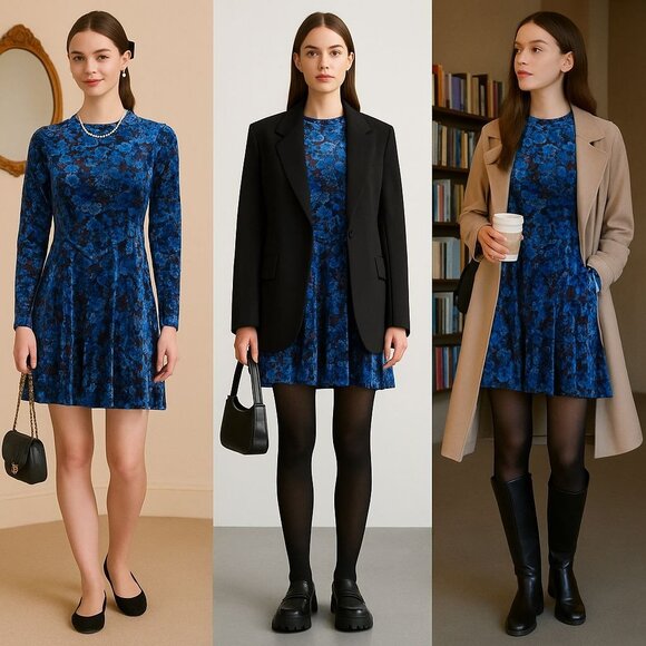 Free People Blue Velvet Floral Mini Dress XS Coquette Indie Academia Fall Look - Picture 1 of 9